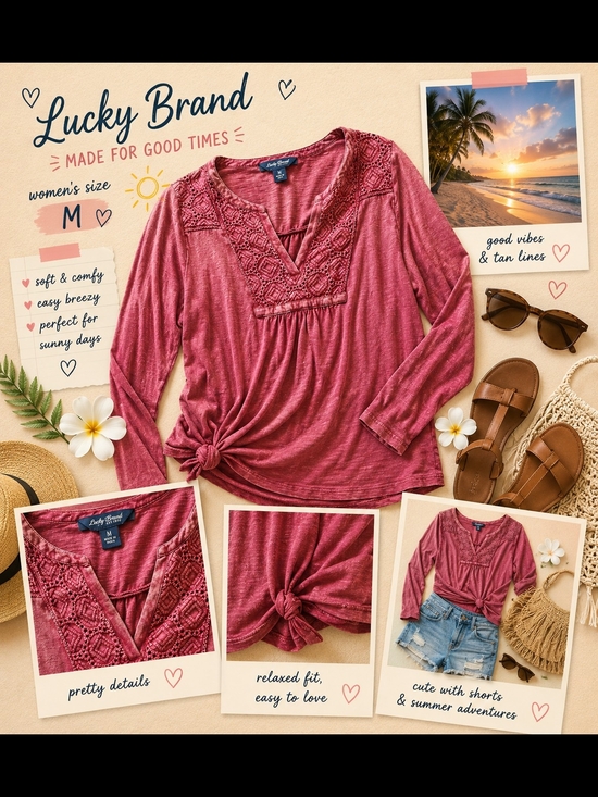Lucky Brand Tops - Lucky Brand Dusty Rose Crochet V-Neck Long Sleeve Top